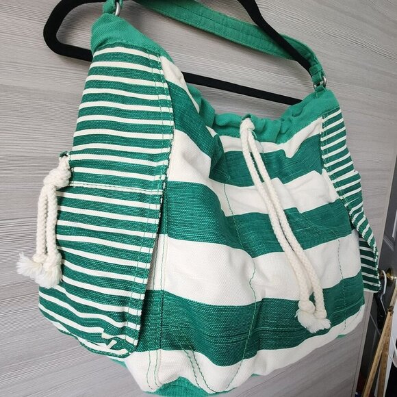 Gap Hobo Beach Pool Tote Bag White Green Weekender Rope Drawstring Snap Recycled - Picture 13 of 16